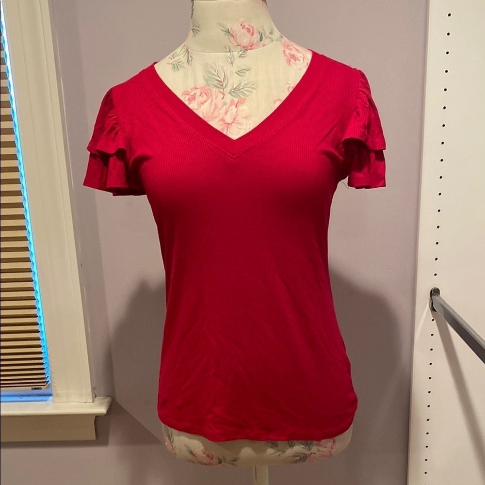 Women's V-Neck Ruffle Sleeve Top - Red